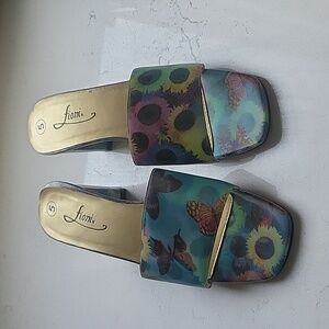 FIONI 2-inch‎ Heels Holographic Butterfly Sunflower Y2K Slip-on Sandals Size 5